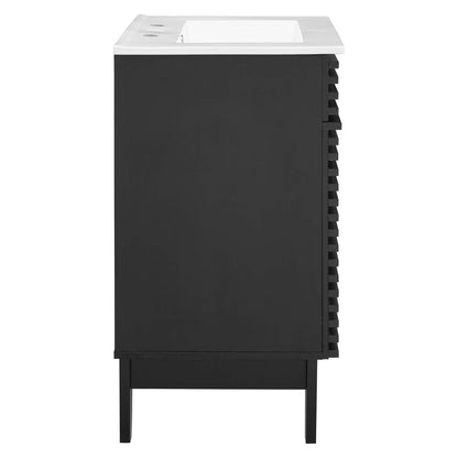 Black freestanding 24-inch bathroom vanity with white top and sink cutouts; slim legs and slotted vent-style side panel, modern.