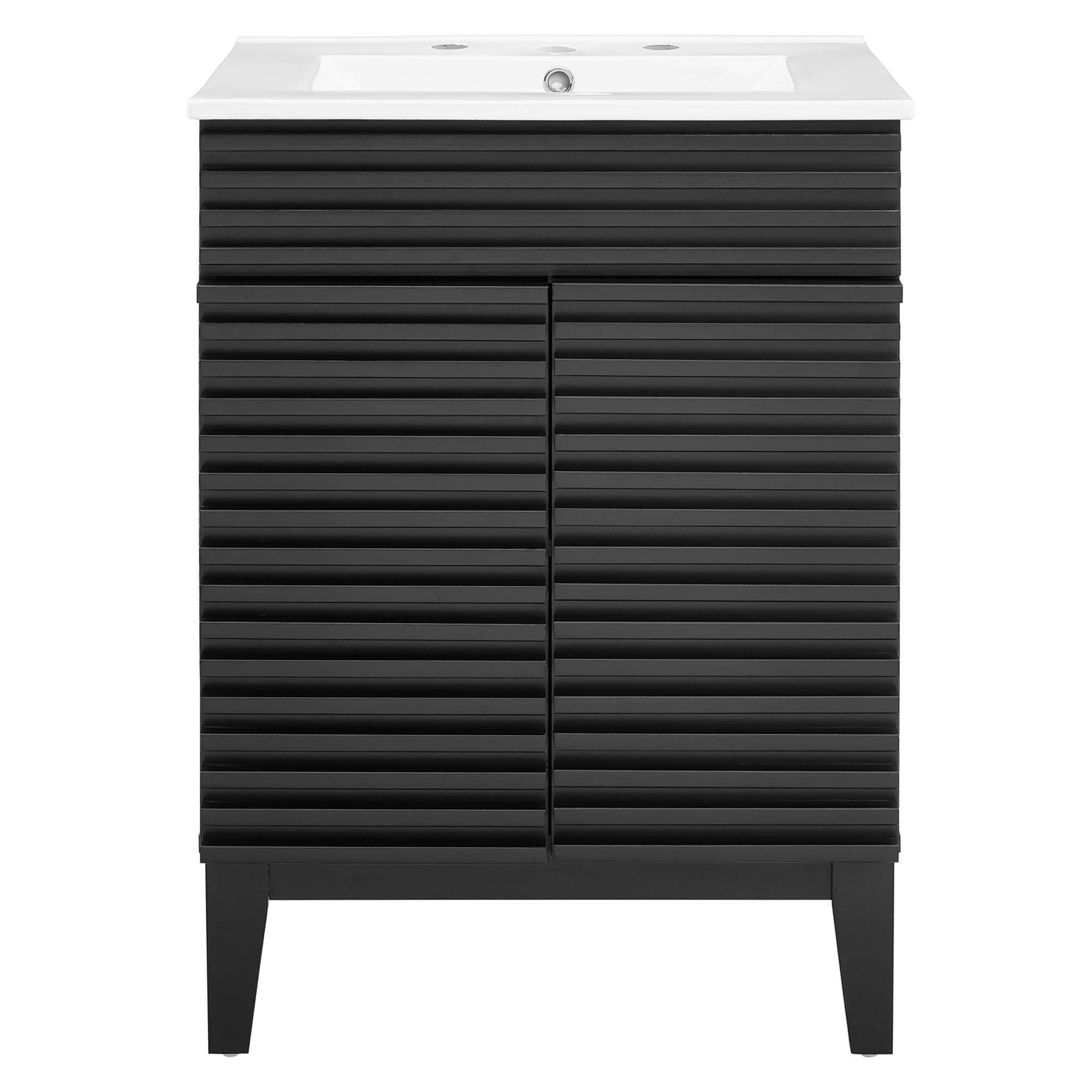 White horizontal-slatted bathroom vanity with white sink countertop, two doors, tapered legs.