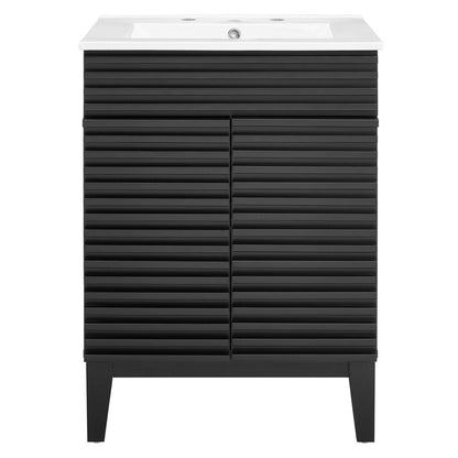 White horizontal-slatted bathroom vanity with white sink countertop, two doors, tapered legs.
