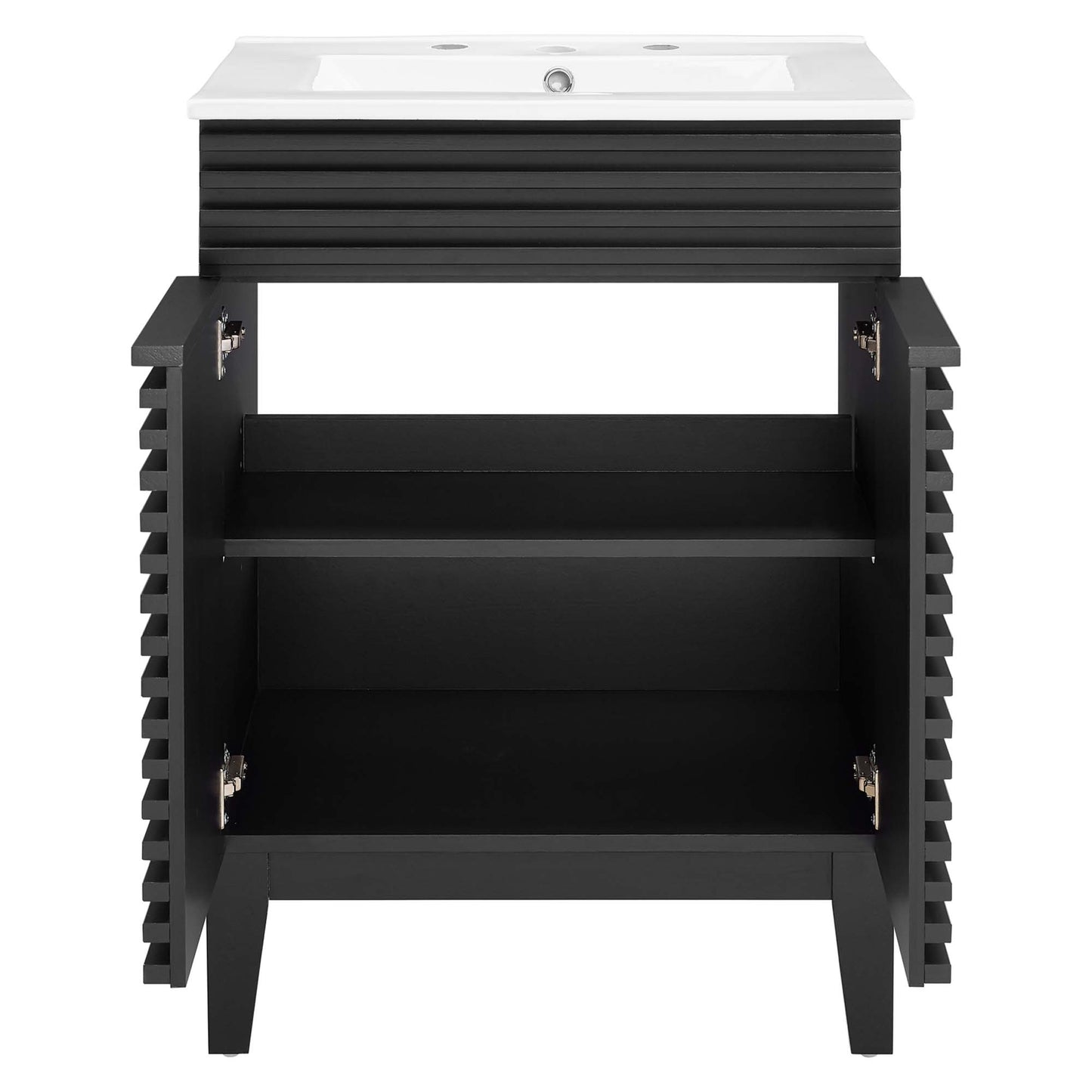 White bathroom vanity with white rectangular sink, slatted side panels, dual-door storage with two interior shelves.