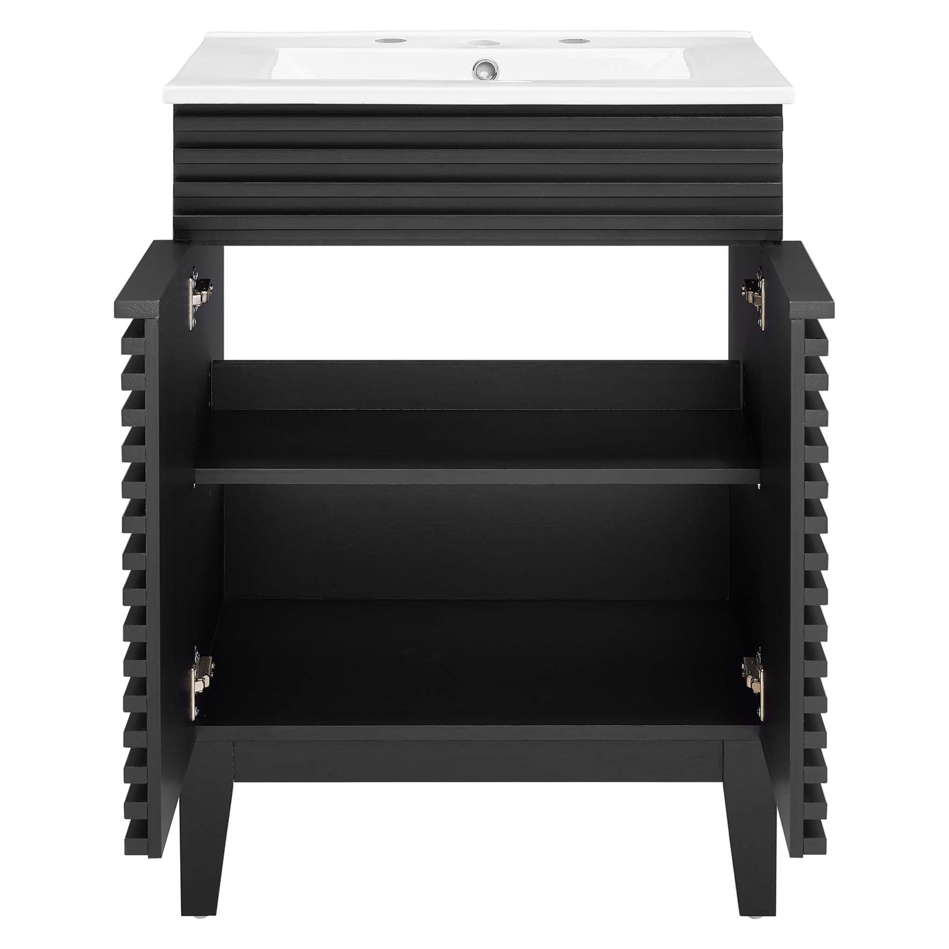White bathroom vanity with white rectangular sink, slatted side panels, dual-door storage with two interior shelves.