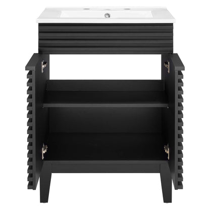White bathroom vanity with white rectangular sink, slatted side panels, dual-door storage with two interior shelves.