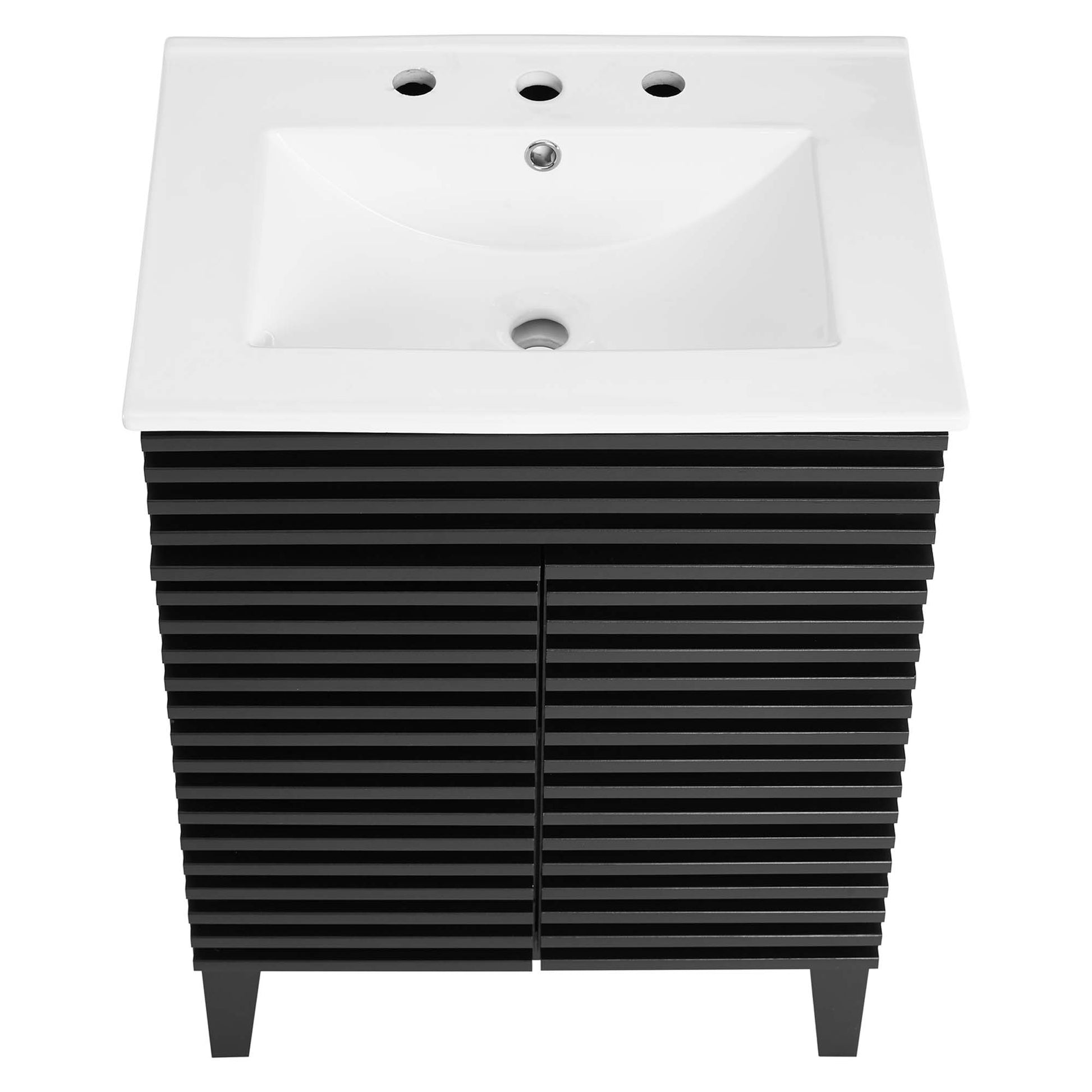White rectangular ceramic sink atop a white bathroom vanity with three faucet holes; modern bathroom vanity.