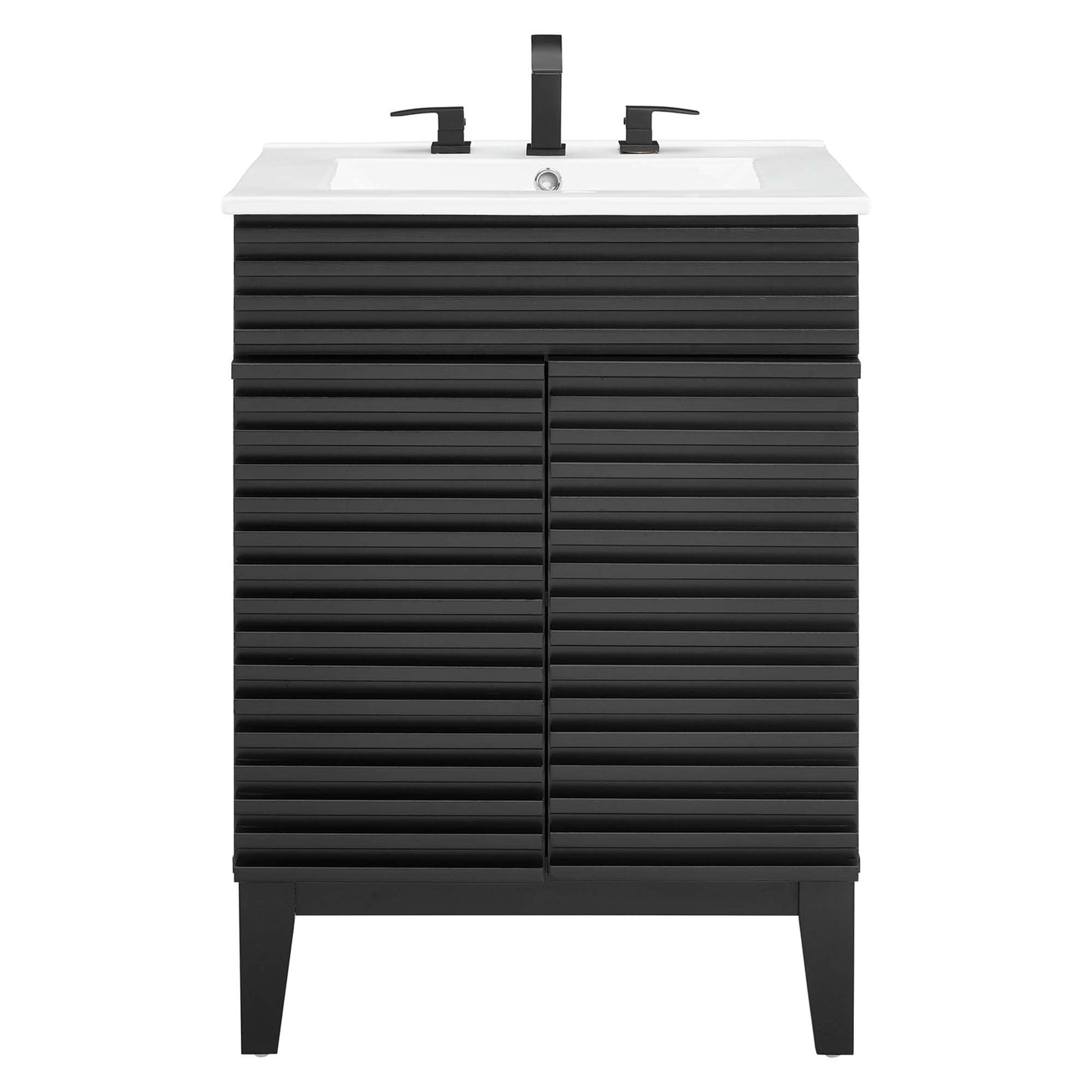 White slatted bathroom vanity with white rectangular sink, black faucet, and modern freestanding legs.