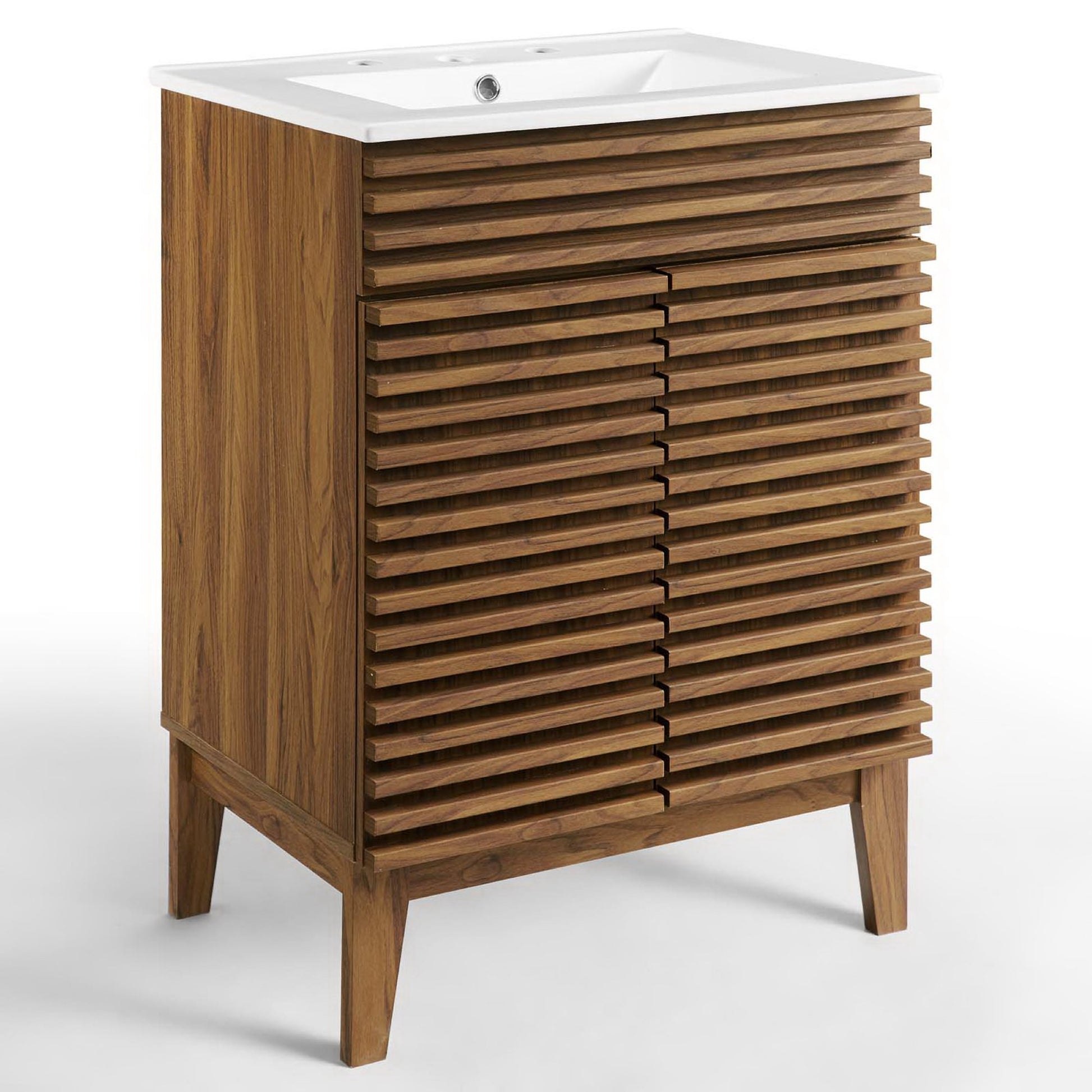 White bathroom vanity with slatted doors & white rectangular sink top; freestanding cabinet on tapered legs.