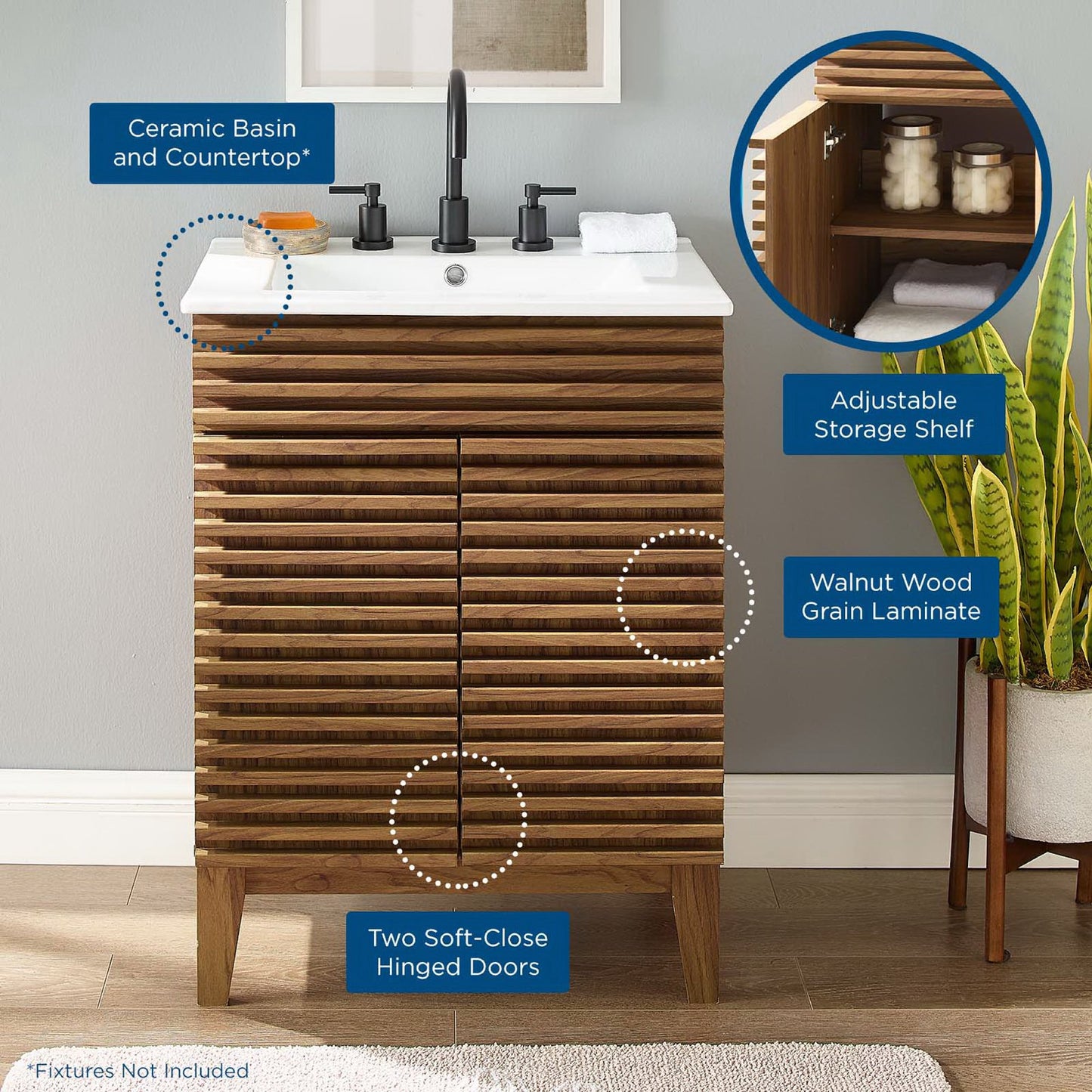 24" white bathroom vanity with white ceramic basin, black faucet, two soft-close doors, adjustable shelf.