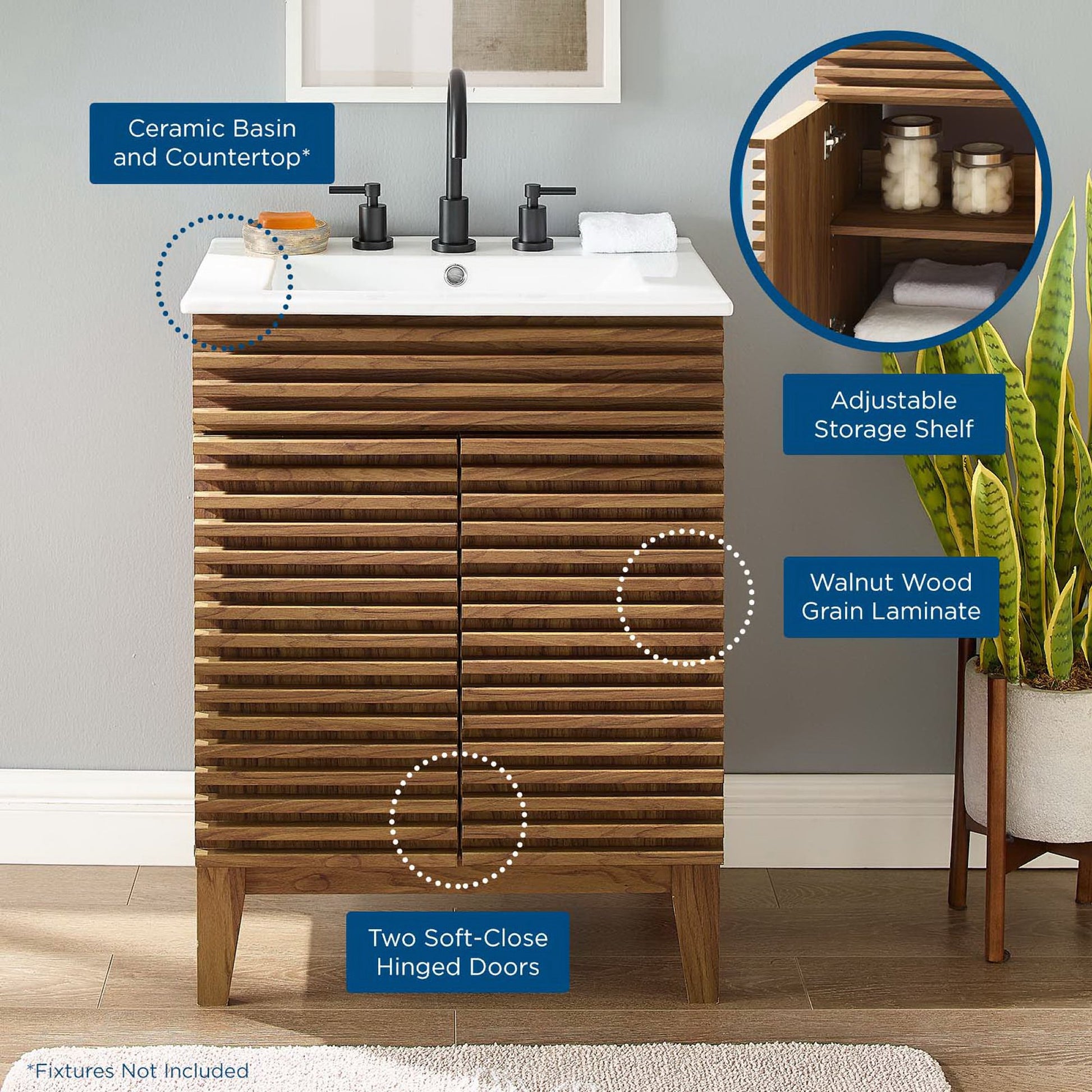 24" white bathroom vanity with white ceramic basin, black faucet, two soft-close doors, adjustable shelf.