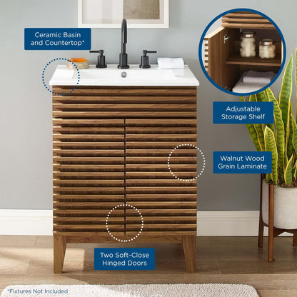 24" white bathroom vanity with white ceramic basin, black faucet, two soft-close doors, adjustable shelf.