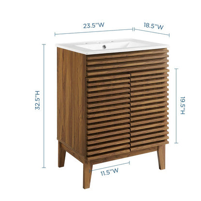 White bathroom vanity with ceramic sink, slatted doors, and tapered legs in a modern coastal style.