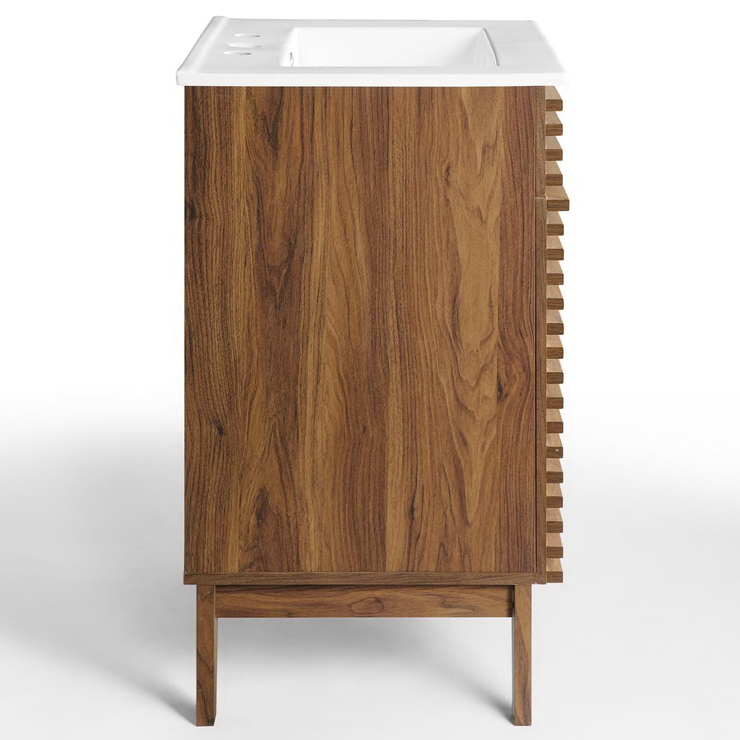 White bathroom vanity with white sink top, mid-century legs, and right-side slatted towel rack.