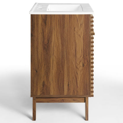 White bathroom vanity with white sink top, mid-century legs, and right-side slatted towel rack.