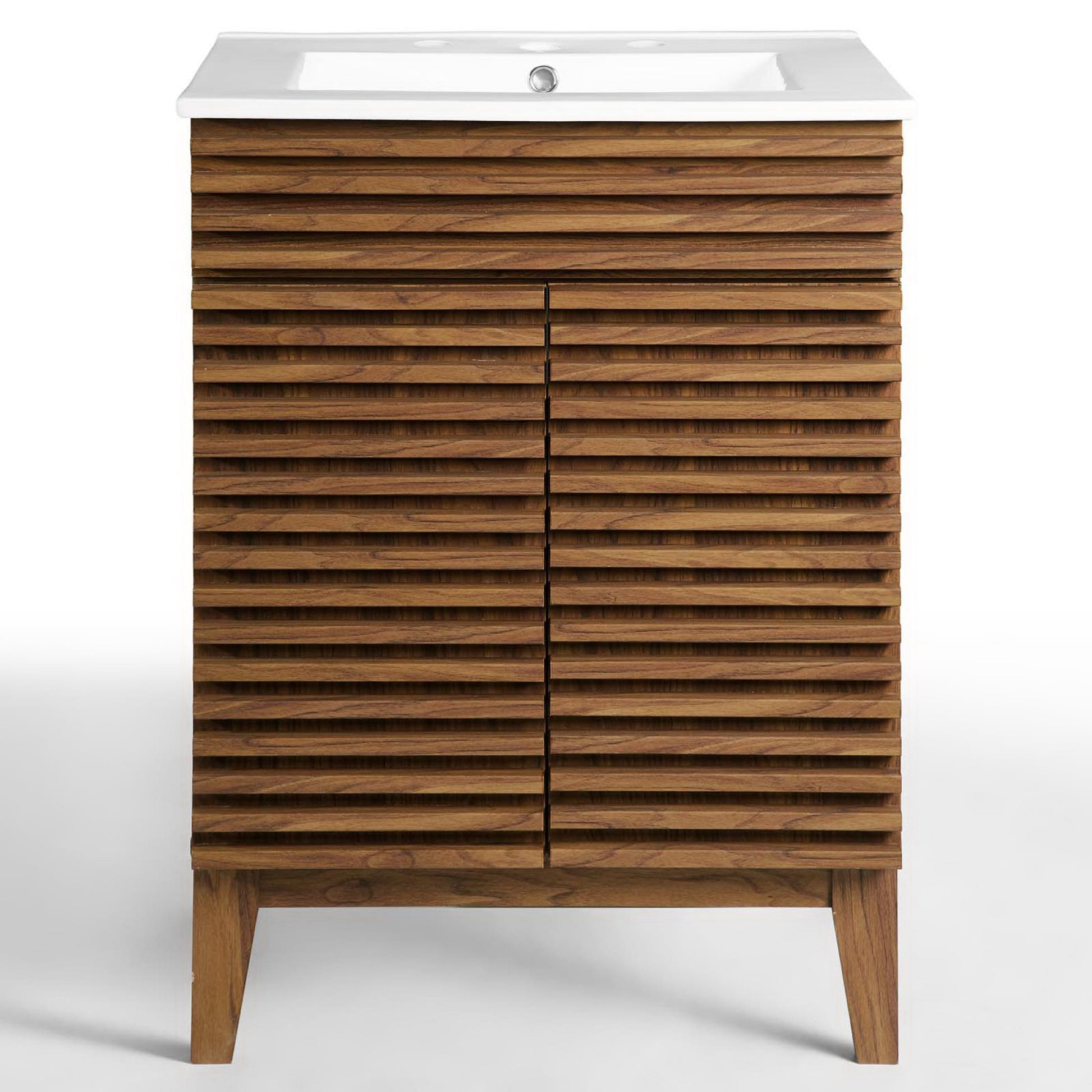 White slatted bathroom vanity with integrated sink countertop and two doors on angled legs
