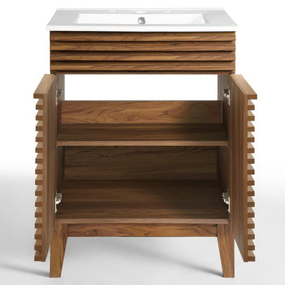White bathroom vanity with white ceramic sink; louvered doors open to reveal two interior shelves.