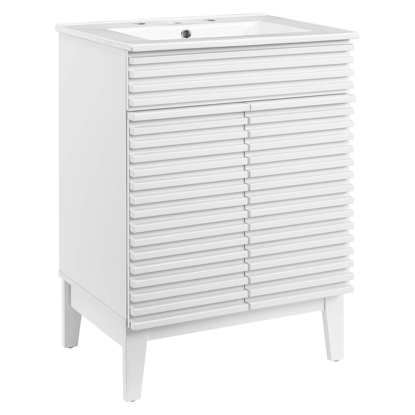 White freestanding bathroom vanity with ribbed louvered doors, rectangular sink top; tapered legs, modern style.