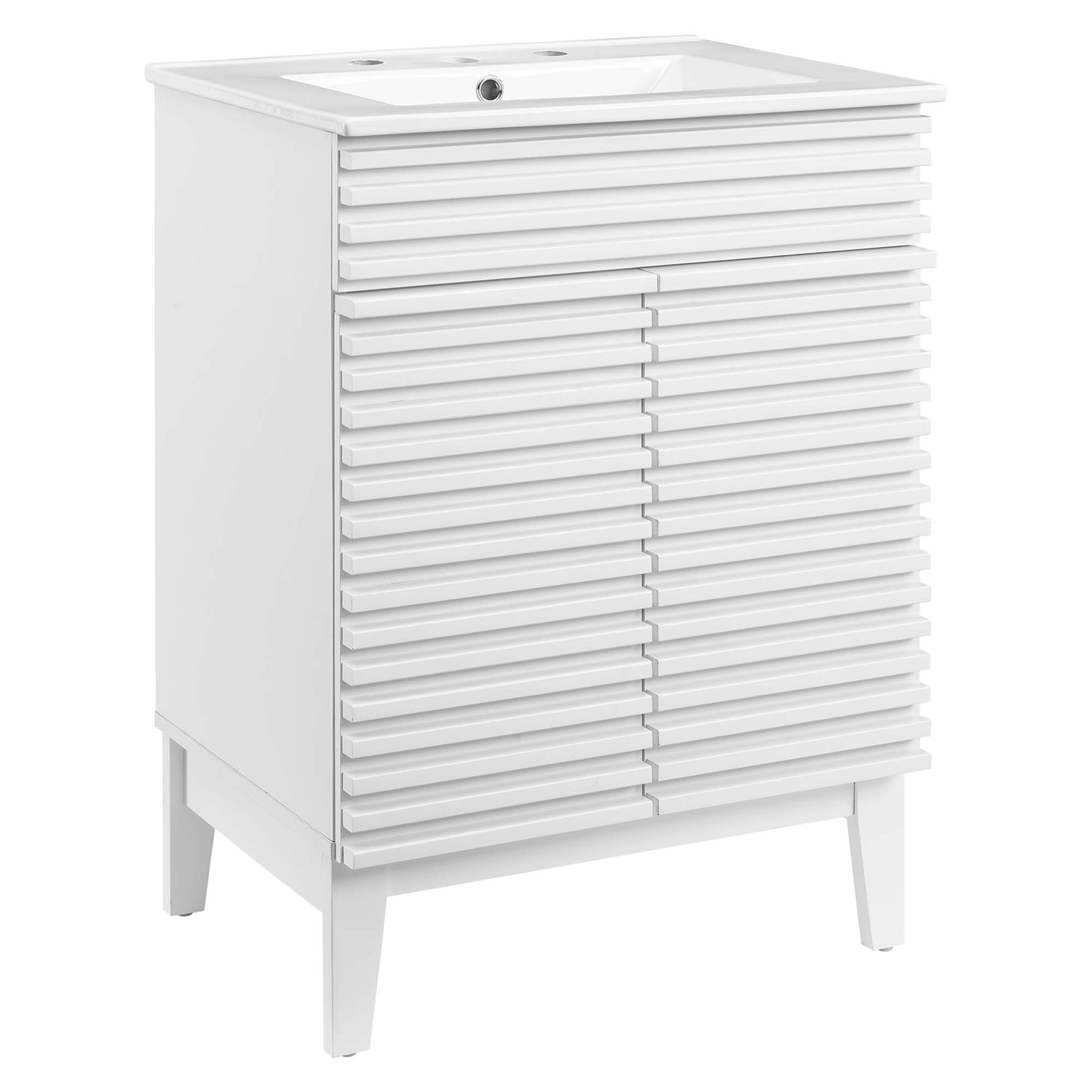 White freestanding bathroom vanity with ribbed louvered doors, rectangular sink top; tapered legs, modern style.