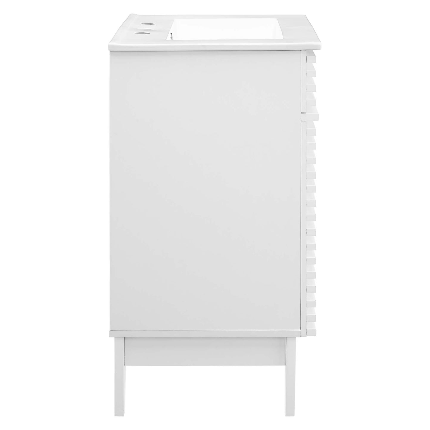 White freestanding bathroom vanity base on legs with sink opening on top and faucet holes; vented edge.