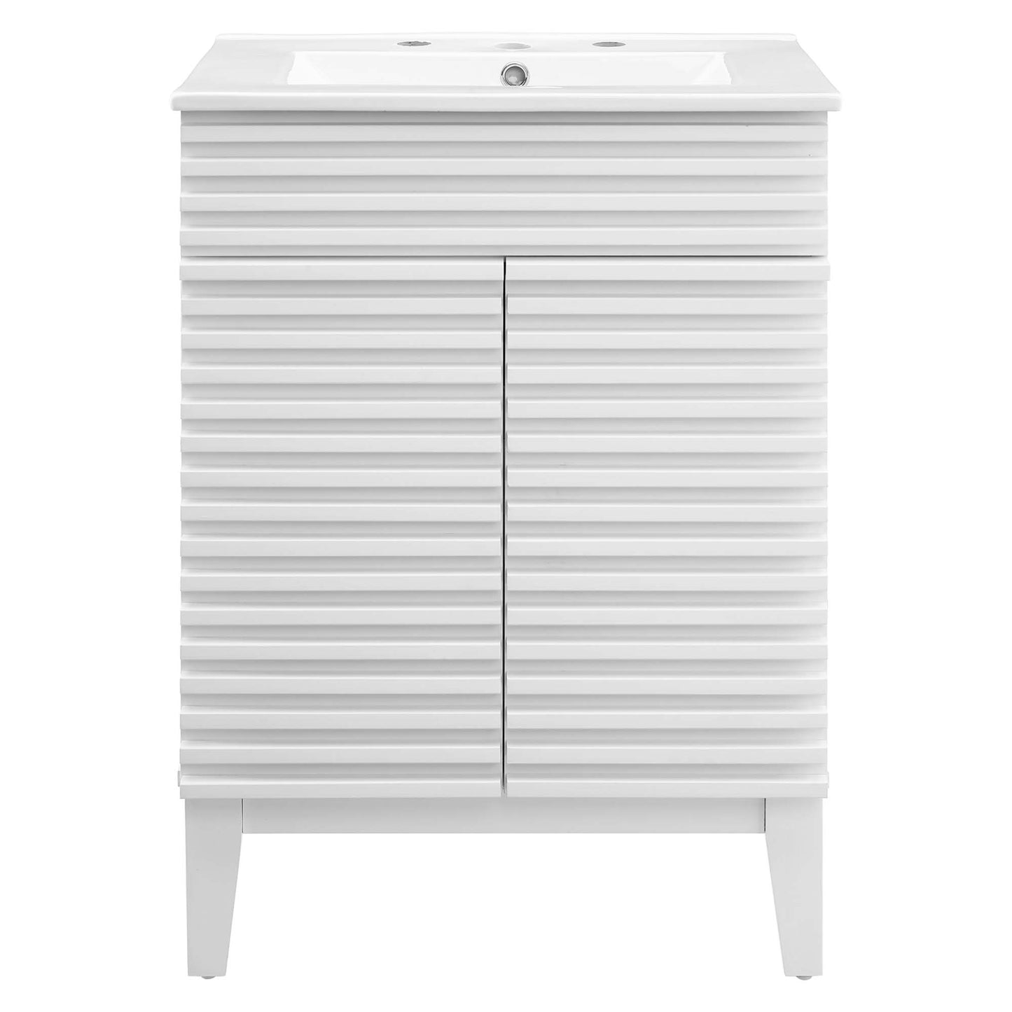 White modern bathroom vanity with ribbed horizontal doors, integrated sink, two-door cabinet, slim legs.