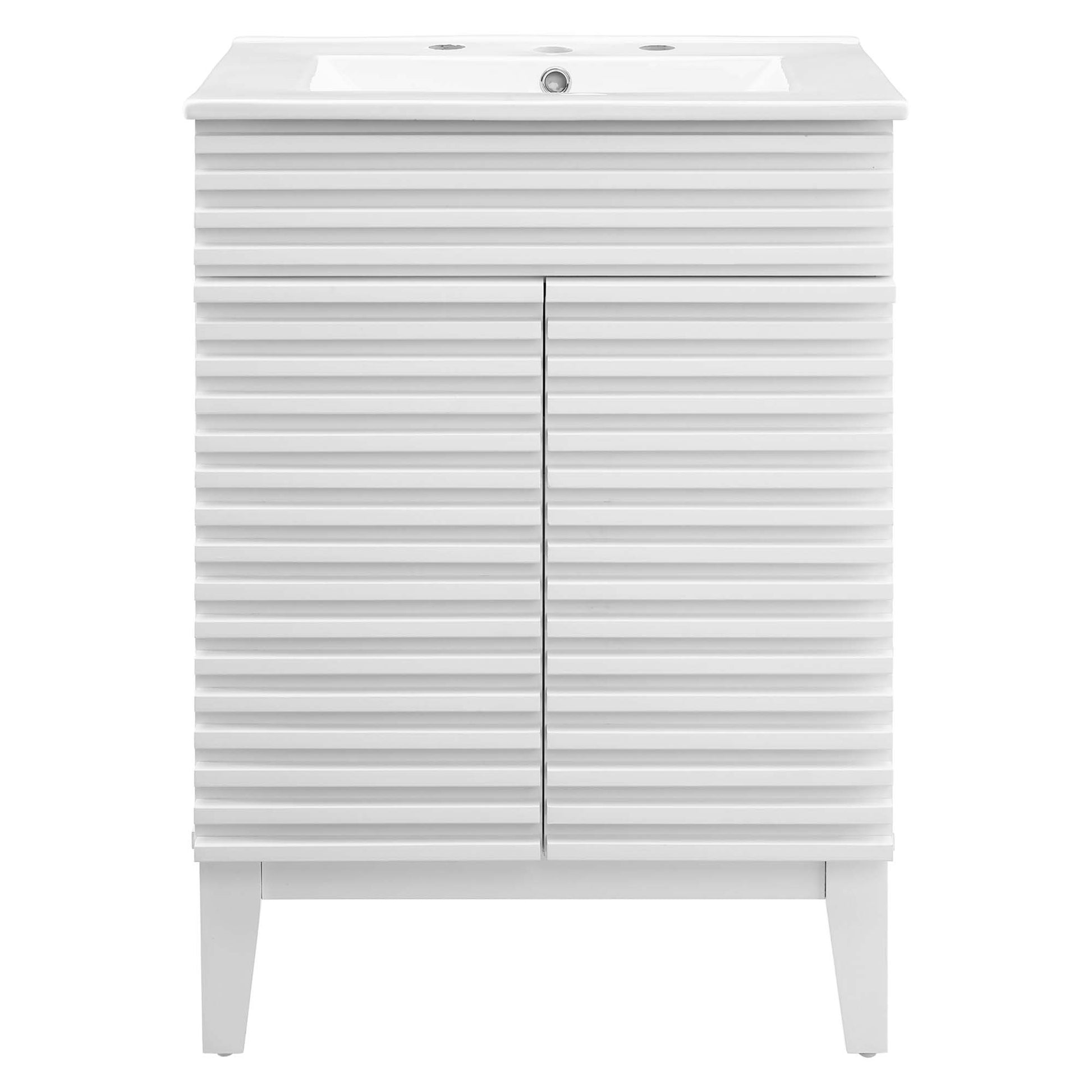 White modern bathroom vanity with ribbed horizontal doors, integrated sink, two-door cabinet, slim legs.