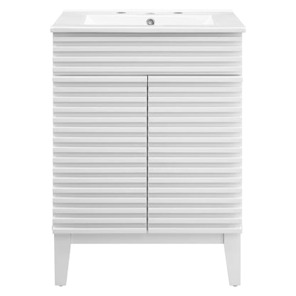 White modern bathroom vanity with ribbed horizontal doors, integrated sink, two-door cabinet, slim legs.