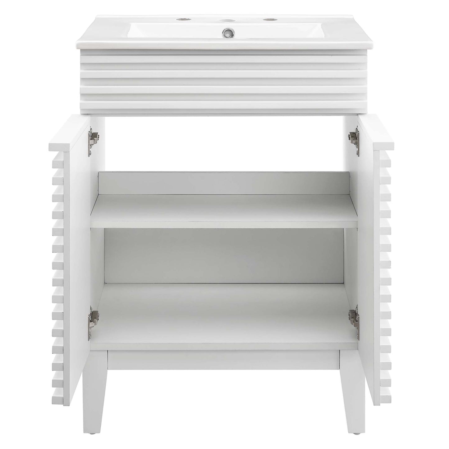 White bathroom vanity with rectangular sink, slatted cabinet doors open to two interior shelves; modern farmhouse style.