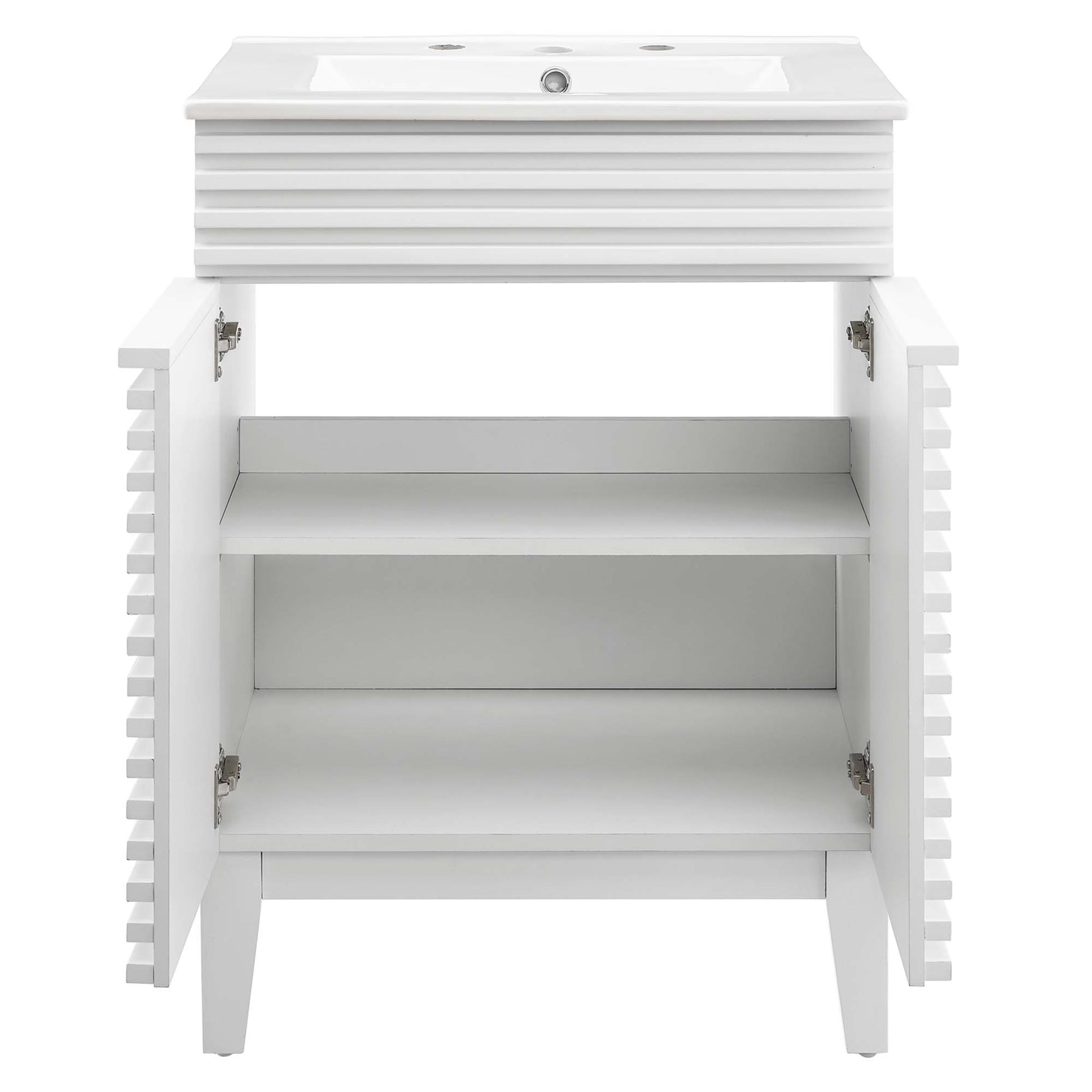 White bathroom vanity with rectangular sink, slatted cabinet doors open to two interior shelves; modern farmhouse style.