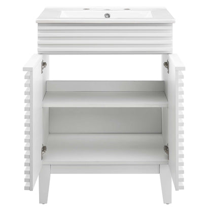 White bathroom vanity with rectangular sink, slatted cabinet doors open to two interior shelves; modern farmhouse style.