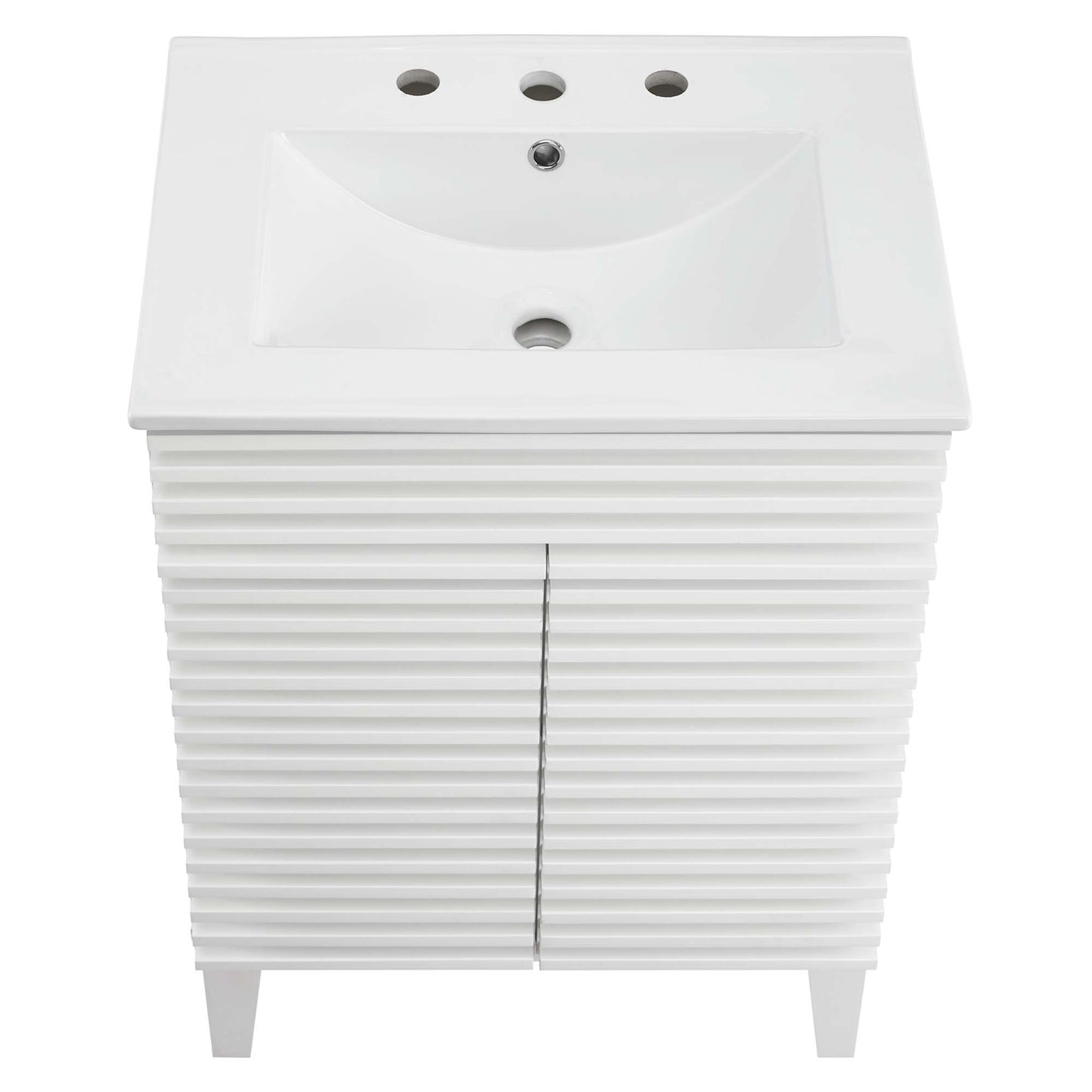 White bathroom vanity with rectangular sink, three faucet holes, ribbed slatted cabinet, and two doors.