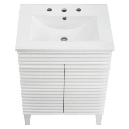 White bathroom vanity with rectangular sink, three faucet holes, ribbed slatted cabinet, and two doors.