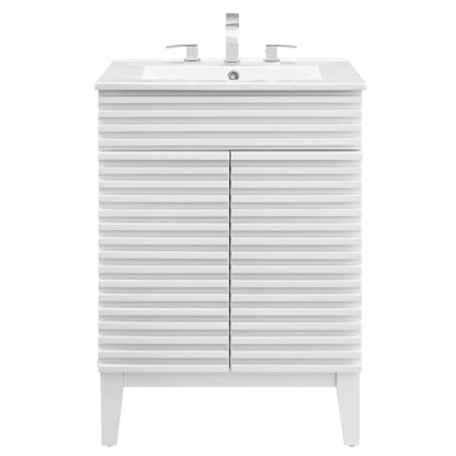 White modern bathroom vanity with slatted cabinet doors, integrated sink & chrome faucet.
