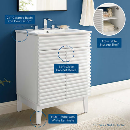 White freestanding vanity with ribbed doors, 24-inch ceramic basin, MDF frame, white laminate, adjustable shelf