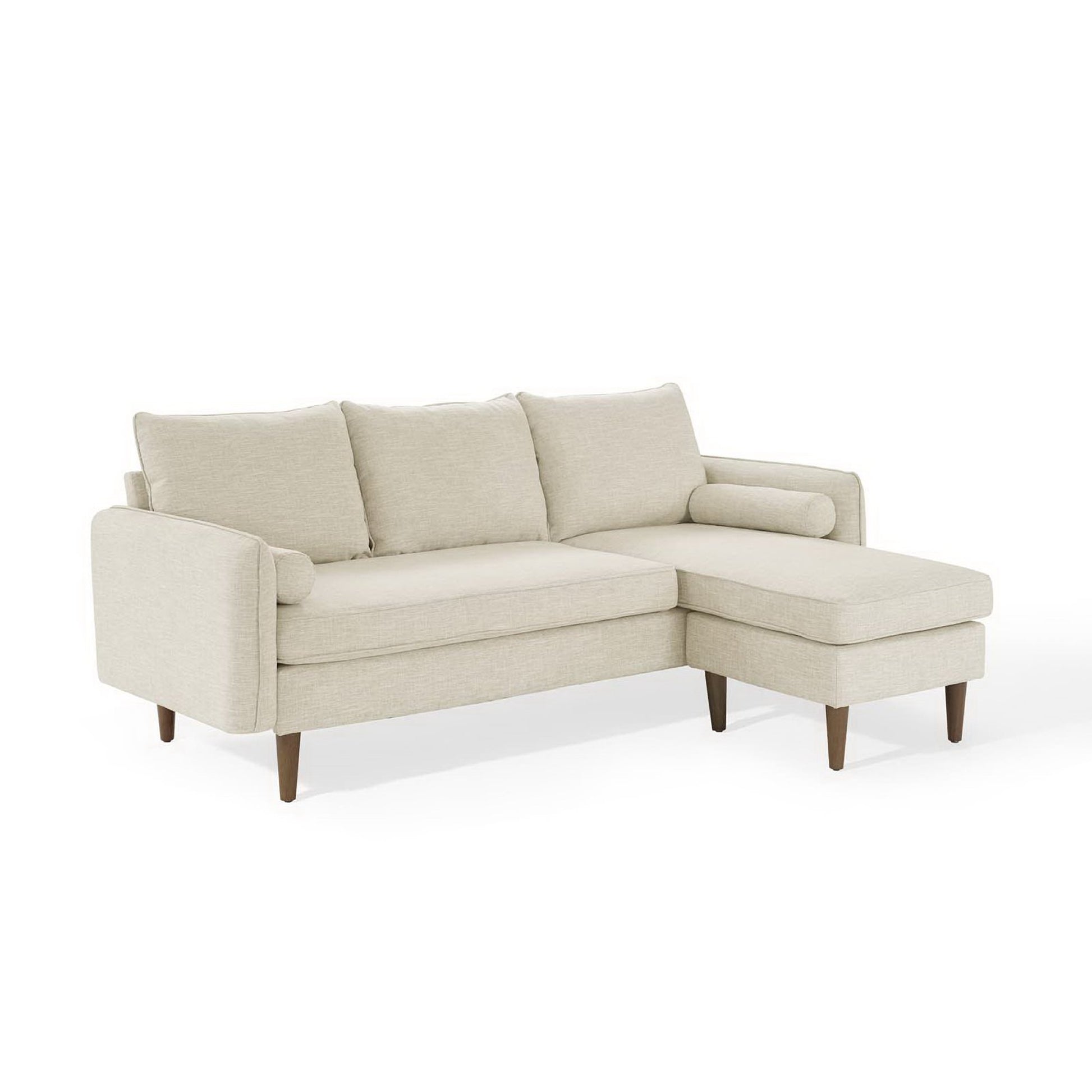 Beige fabric L-shaped sectional sofa with a chaise, three back cushions, and tapered wooden legs.