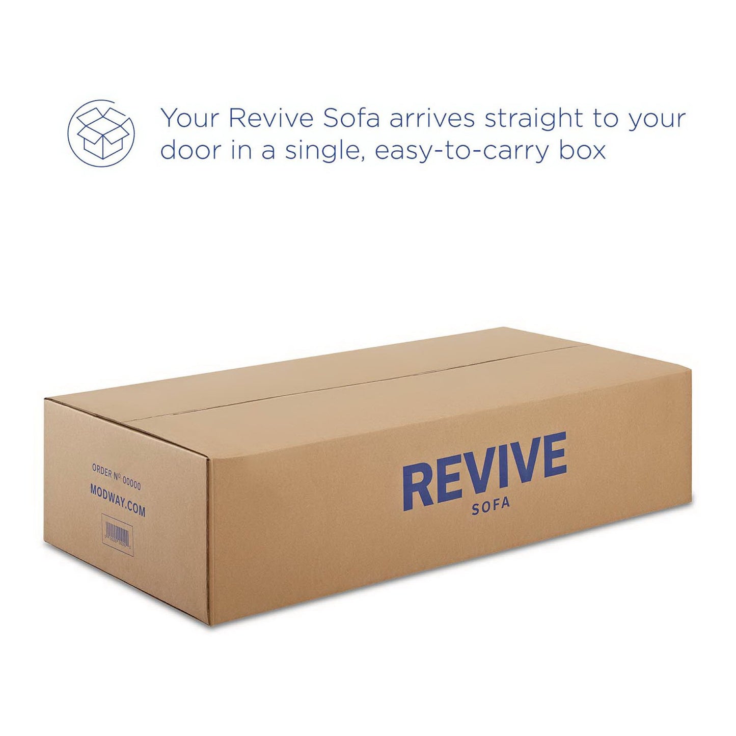 Brown corrugated shipping box with blue REVIVE SOFA logo; packaging for a Revive sectional sofa.