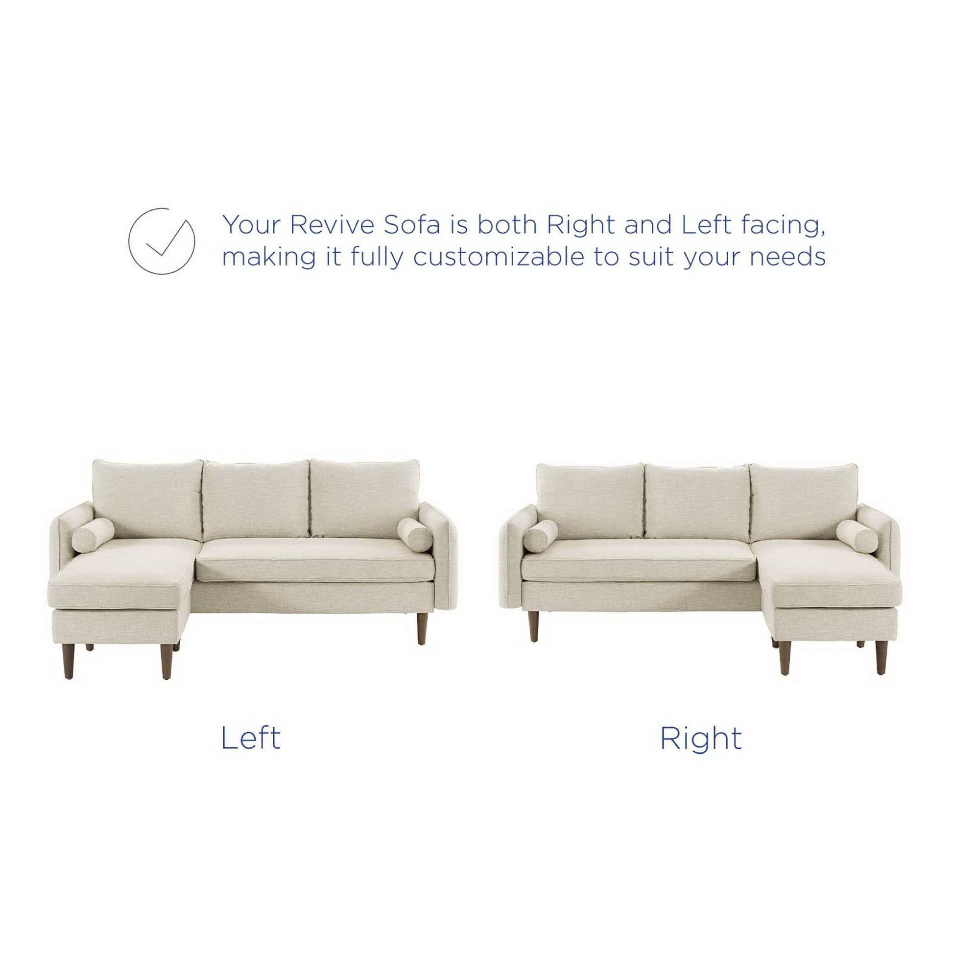 Beige linen fabric sectional shown in left- and right-facing configurations with chaise.