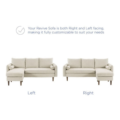 Beige linen fabric sectional shown in left- and right-facing configurations with chaise.
