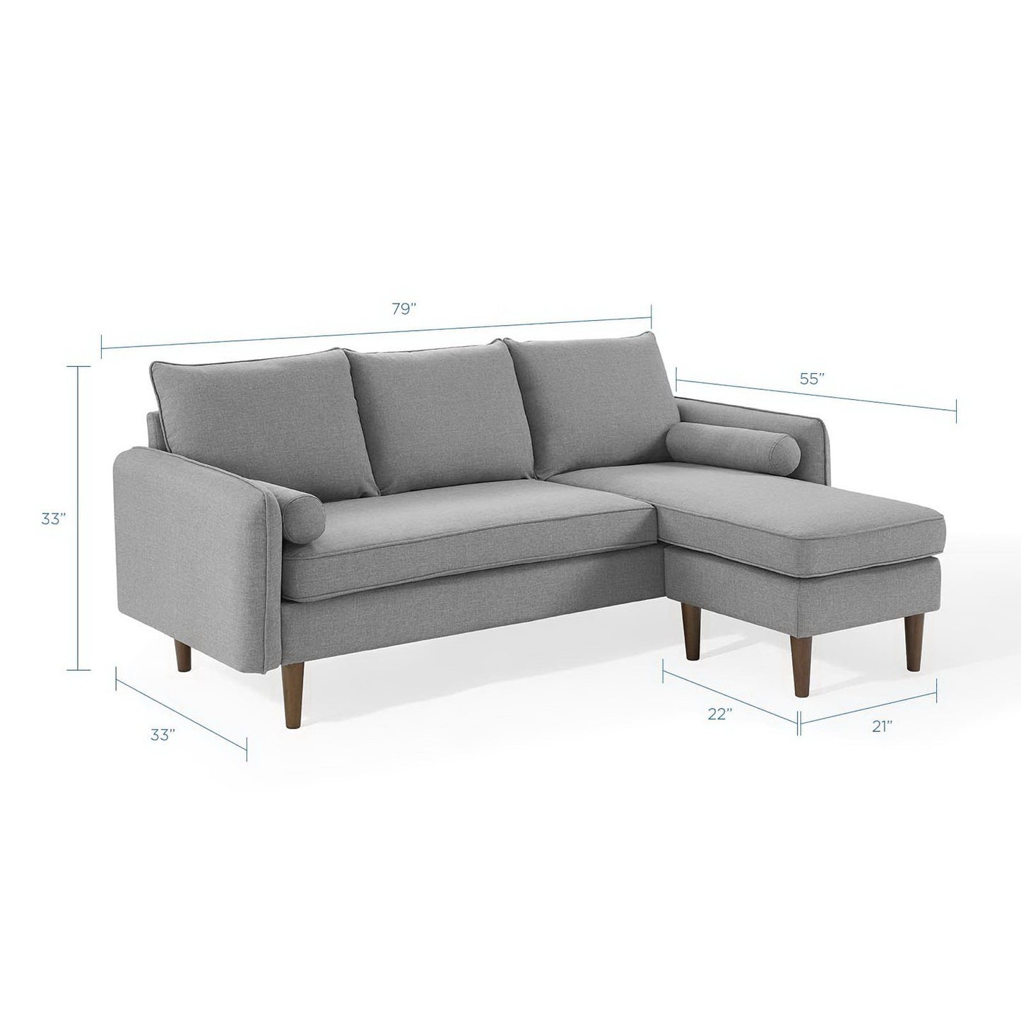 Gray fabric L-shaped sectional sofa with a right- or left-side chaise, tapered wooden legs, soft cushions, modern mid-century style