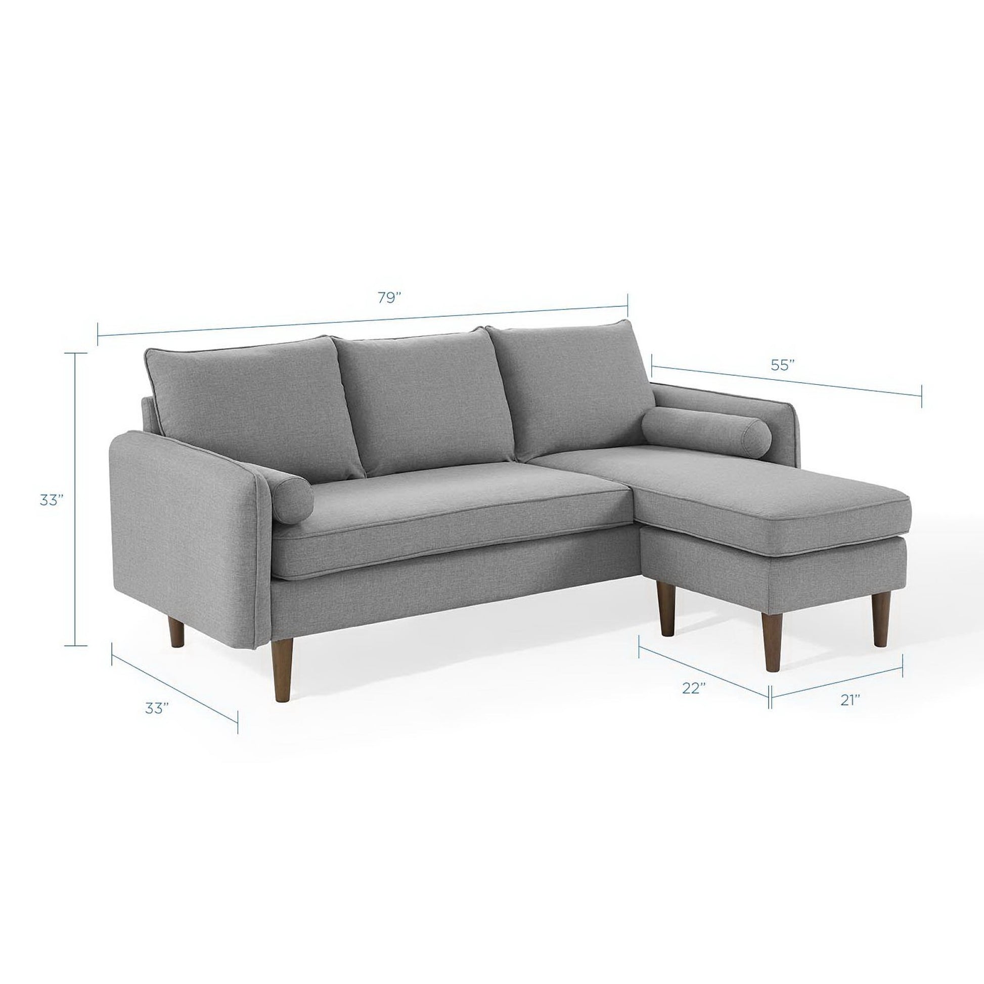 Gray fabric L-shaped sectional sofa with a right- or left-side chaise, tapered wooden legs, soft cushions, modern mid-century style