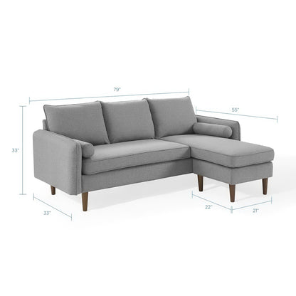 Gray fabric L-shaped sectional sofa with a right- or left-side chaise, tapered wooden legs, soft cushions, modern mid-century style