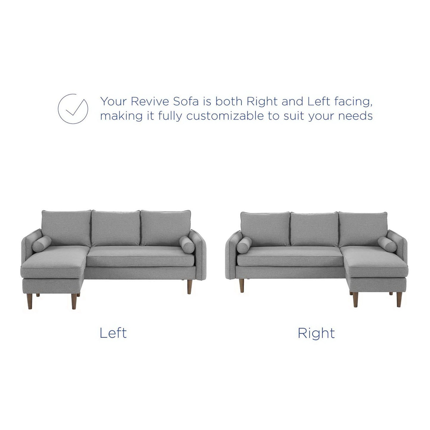 Gray fabric modular sofa set with wooden legs, left- and right-facing sections with chaise, modern living room style.
