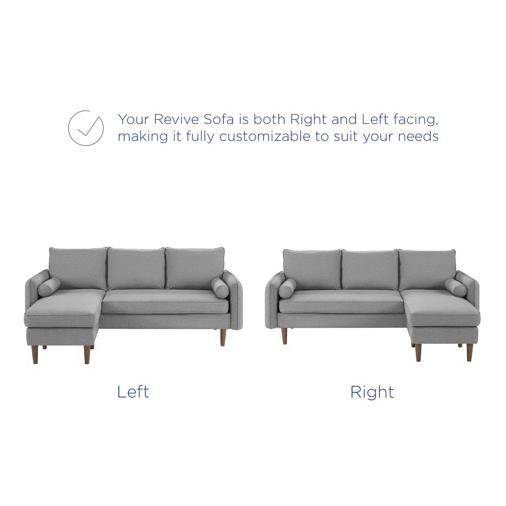 Gray fabric modular sofa set with wooden legs, left- and right-facing sections with chaise, modern living room style.