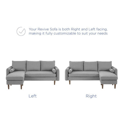 Gray fabric modular sofa set with wooden legs, left- and right-facing sections with chaise, modern living room style.