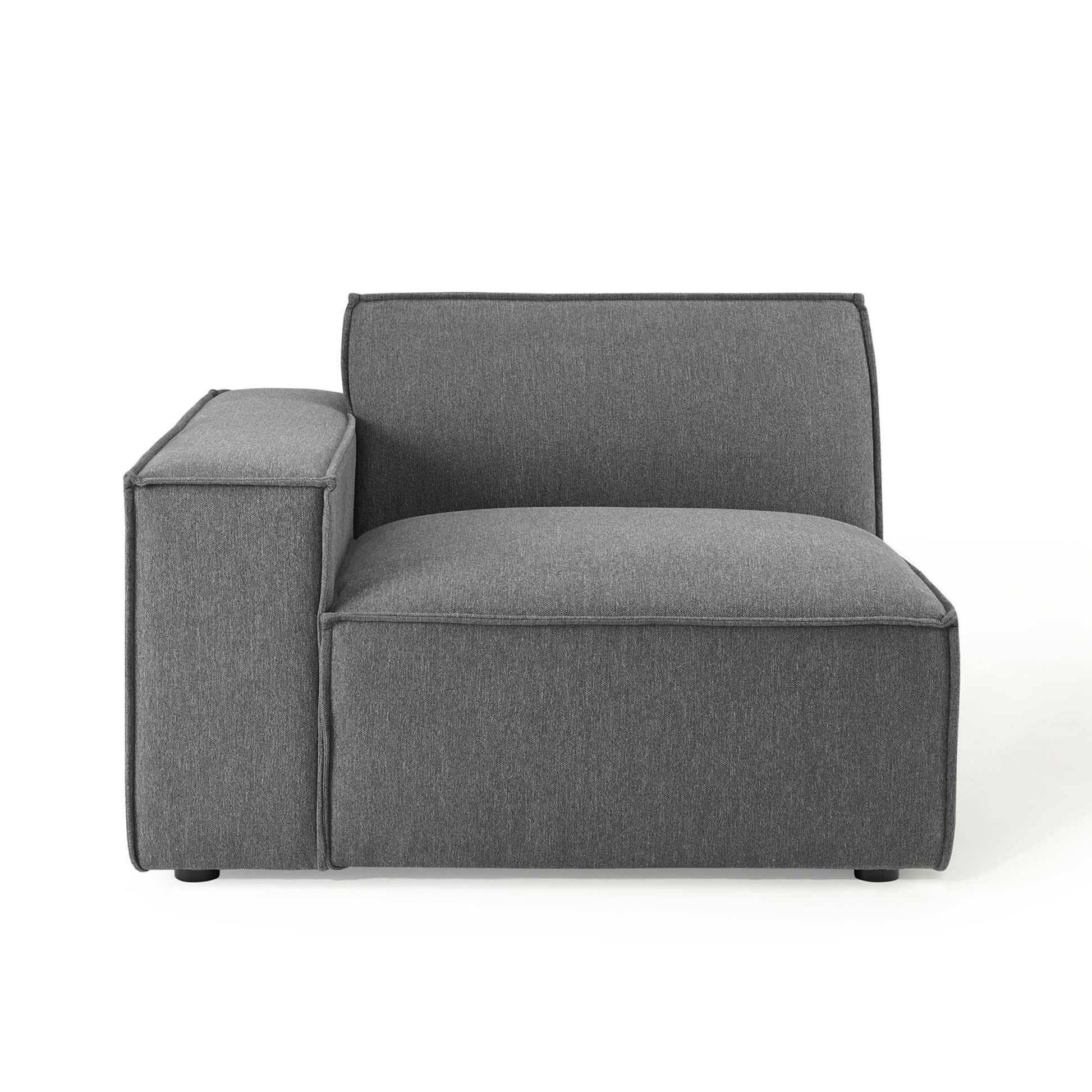 Gray fabric chair with a square left armrest, low back, and cushioned seat in a compact modern style.