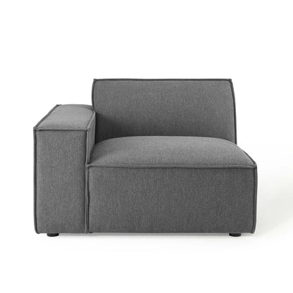 Gray fabric chair with a square left armrest, low back, and cushioned seat in a compact modern style.