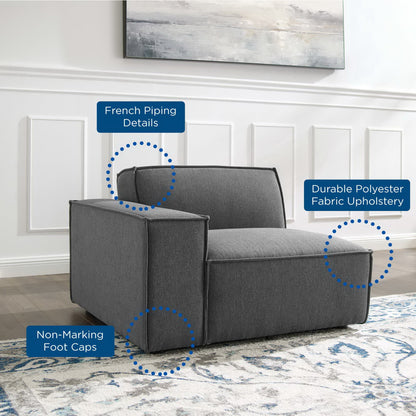 Dark gray polyester left-arm sectional sofa chair with square arms, French piping details, non-marking foot caps, durable upholstery.