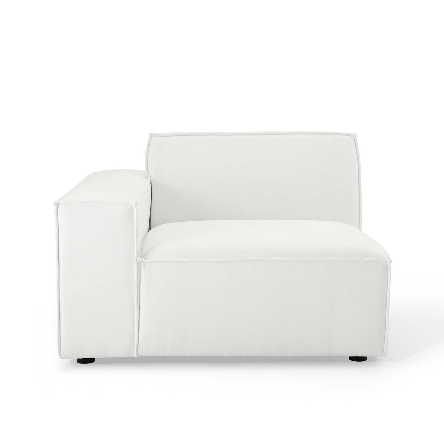 White upholstered left-arm sectional sofa chair, modern style, square left armrest, low back, cushioned seat.