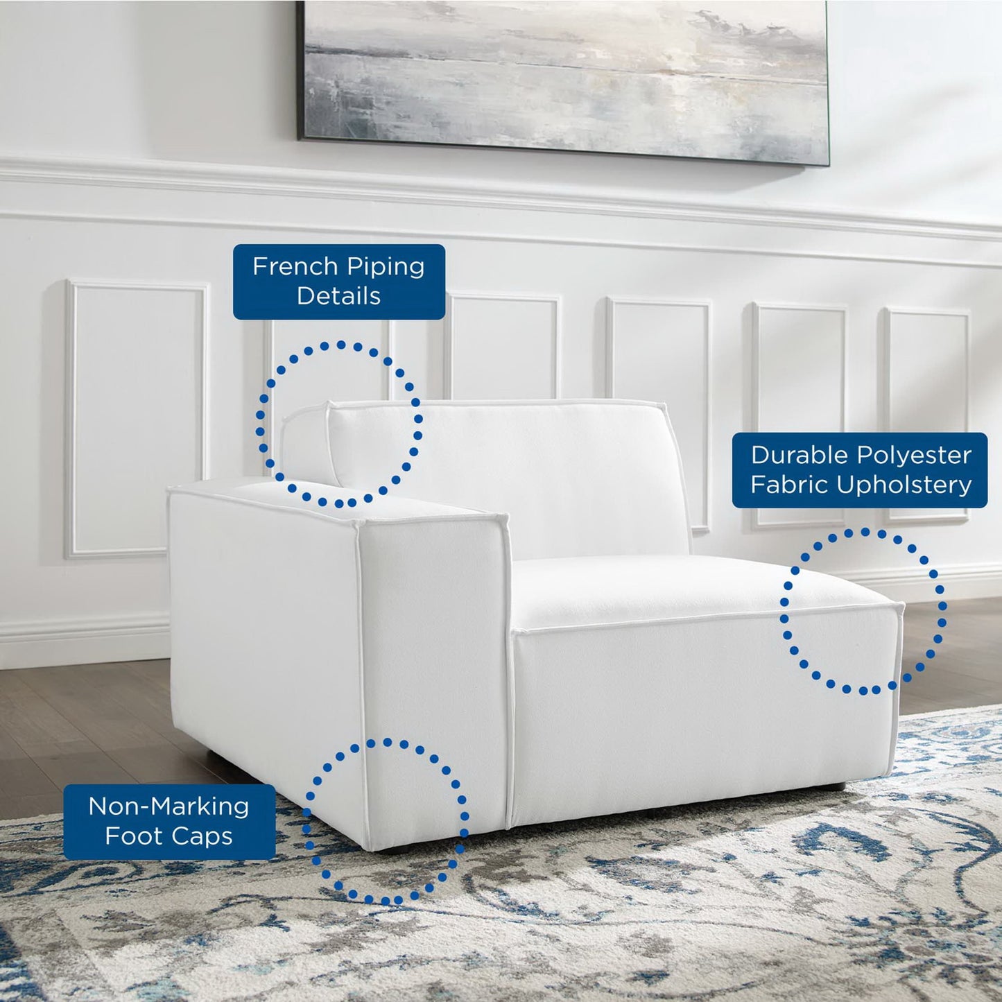 White left-arm sectional sofa chair with modern design, French piping details, durable polyester upholstery & non-marking foot caps.