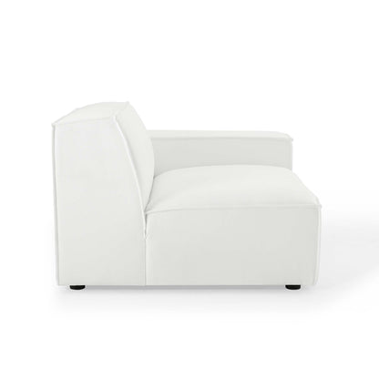 White fabric upholstered right-arm sectional chair with square arms, plush seat cushion and low black feet.