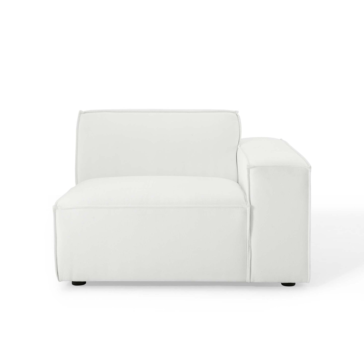 White contemporary right-arm sectional sofa chair with thick cushion and square armrest, low-profile styling.