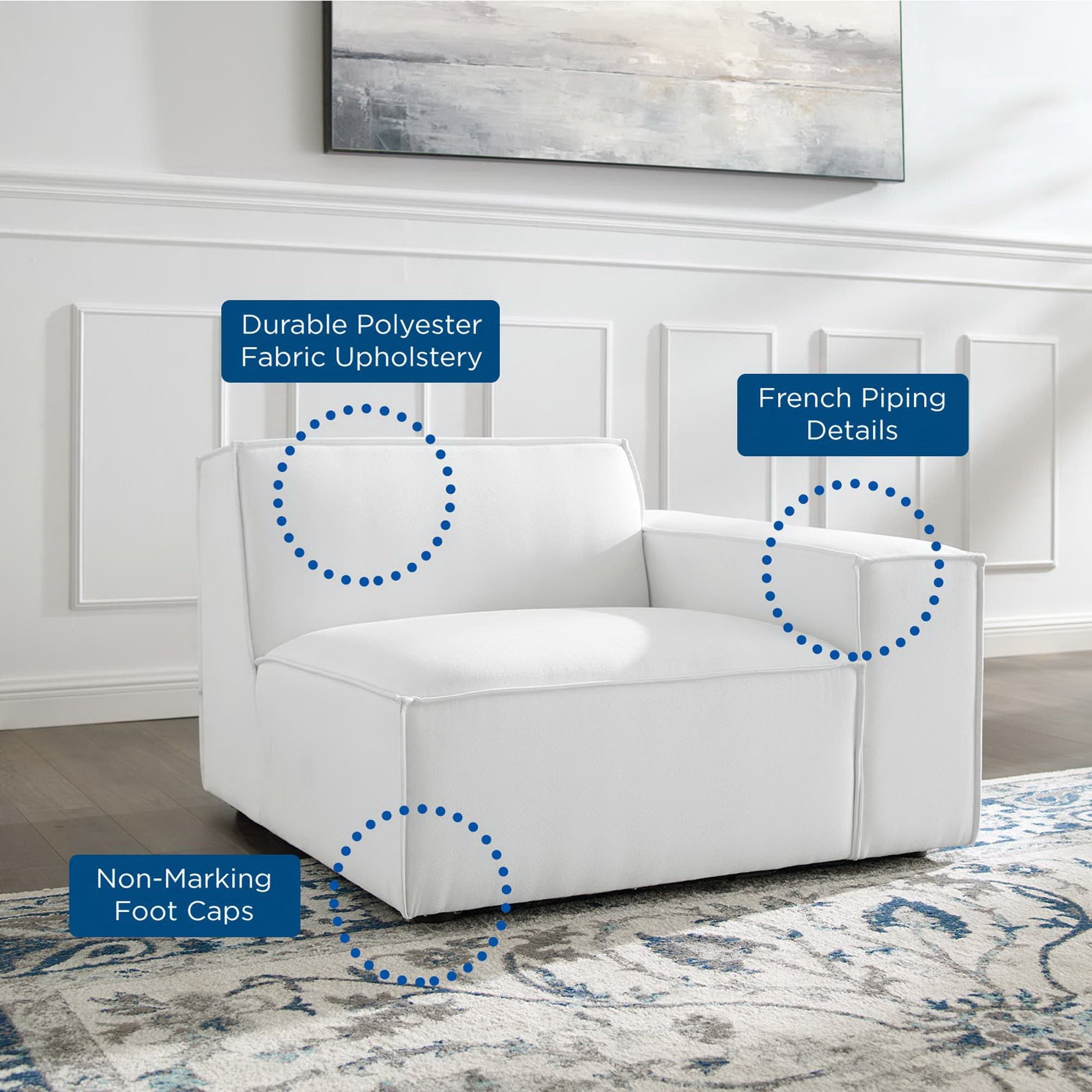 White armchair with durable polyester upholstery, French piping details, and non-marking foot caps in a modern living room.