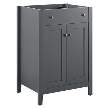 Dark gray bathroom vanity cabinet with a top drawer & double doors, round knobs, shaker-style.