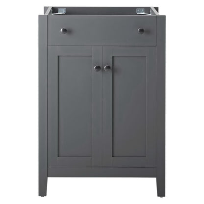 Gray freestanding bathroom vanity cabinet with top drawer and two-panel doors, shaker style, matte gray finish, metal knobs.